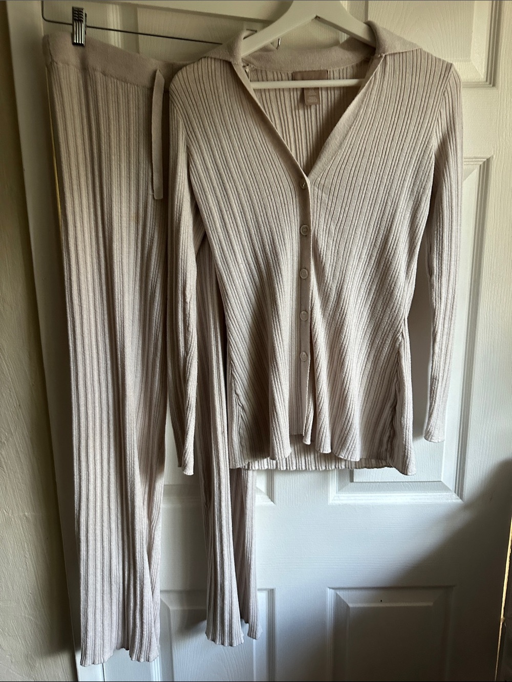 H&M Ribbed Button-Front Women's Loungwear Set in Light Beige